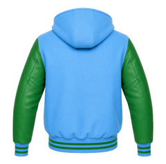 Sky Blue and Green Letterman Jacket with Hood