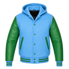 Sky Blue and Green Letterman Jacket with Hood