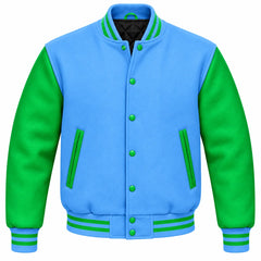 Sky Blue and Green Wool Varsity Jacket