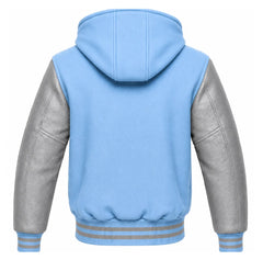 Sky Blue and Grey Hooded Varsity Jacket