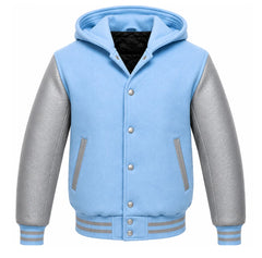 Sky Blue and Grey Hooded Varsity Jacket