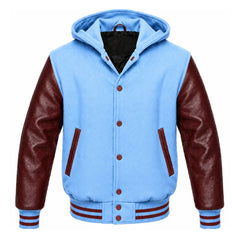 Sky Blue and Maroon Hooded Varsity Jacket