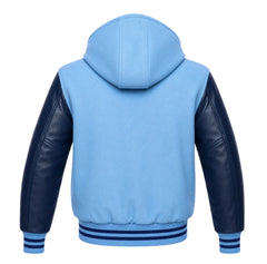Sky Blue and Navy Blue Letterman Jacket with Hood