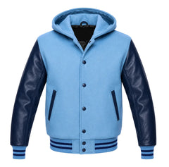 Sky Blue and Navy Blue Letterman Jacket with Hood