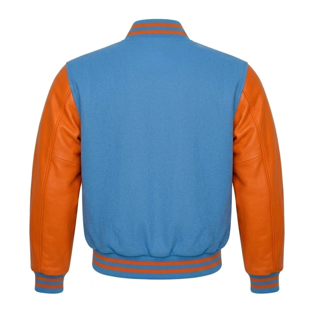 Sky Blue and Orange Varsity Jacket with Wool Body and Leather Sleeves Back Side