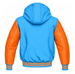 Sky Blue and Orange Varsity Jacket with Hood