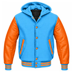 Sky Blue and Orange Varsity Jacket with Hood