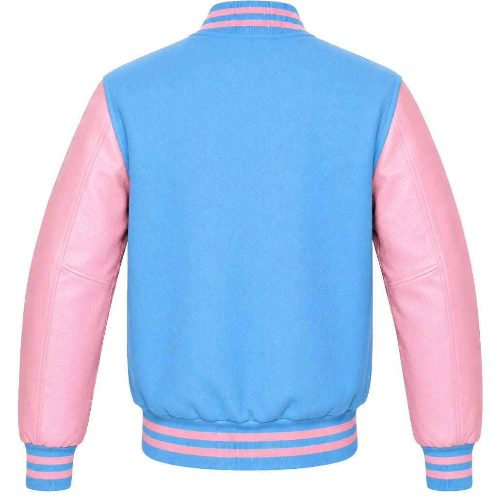 Sky blue wool varsity jacket with pink cowhide sleeves, back view