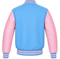 Sky blue wool varsity jacket with pink cowhide sleeves, back view