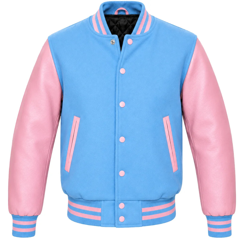 Sky blue melton wool varsity jacket with pink leather sleeves, front view
