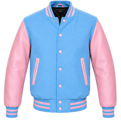 Sky blue melton wool varsity jacket with pink leather sleeves, front view
