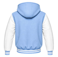 Sky Blue and White Hooded Varsity Jacket