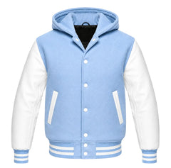Sky Blue and White Hooded Varsity Jacket