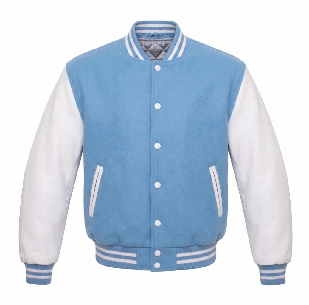 Sky Blue and White Varsity Jacket with Wool Body and Leather Sleeves
