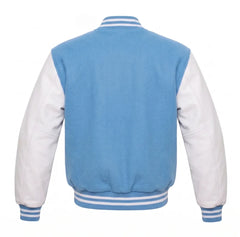 Sky Blue and White Varsity Jacket with Wool Body and Leather Sleeves Back View