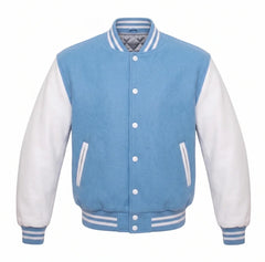 Sky Blue and White Varsity Jacket with Wool Body and Leather Sleeves