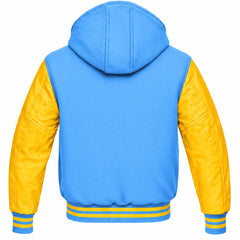 Sky Blue and Yellow Hooded Letterman Jacket