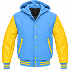 Sky Blue and Yellow Hooded Letterman Jacket