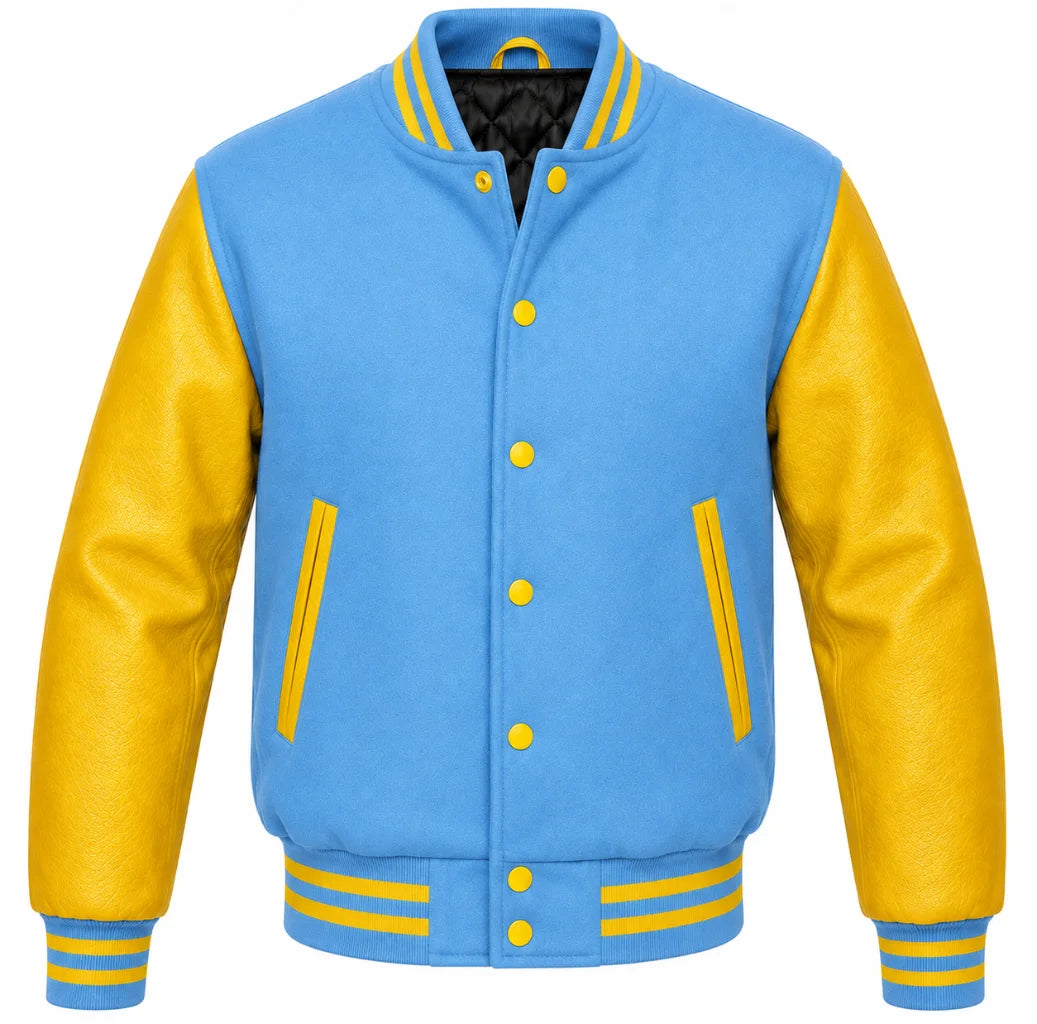 Sky blue melton wool varsity jacket with yellow leather sleeves, front view