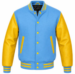 Sky blue melton wool varsity jacket with yellow leather sleeves, front view