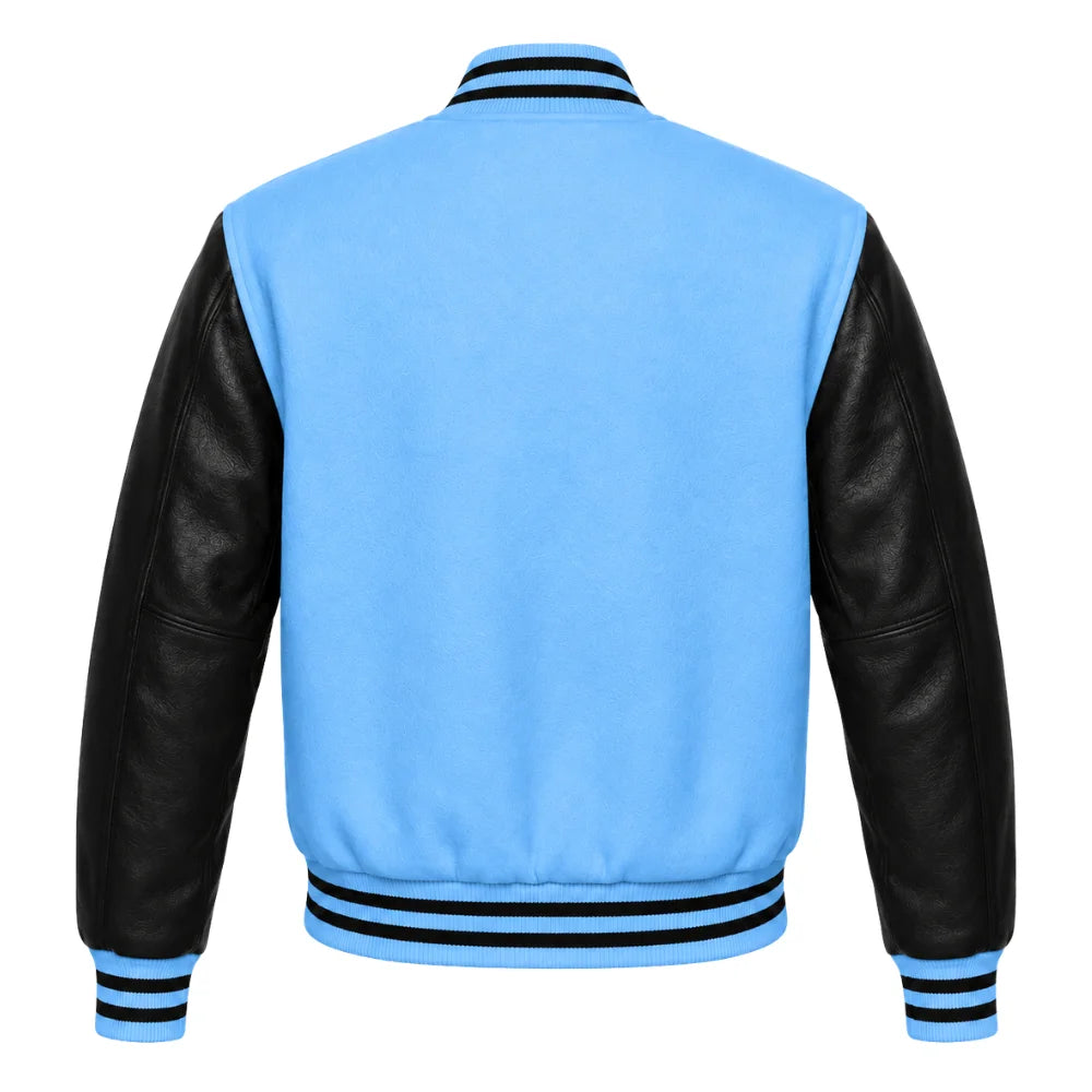 Sky Blue and Black Varsity Jacket with Wool Body and Leather Sleeves Back View