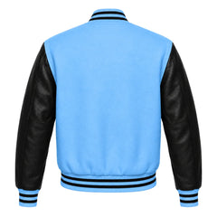 Sky Blue and Black Varsity Jacket with Wool Body and Leather Sleeves Back View