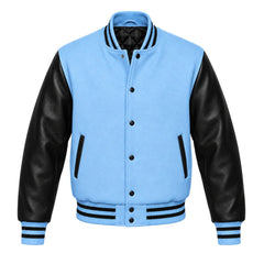 Sky Blue and Black Varsity Jacket with Wool Body and Leather Sleeves