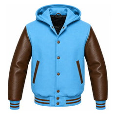 Sky Blue and Brown Varsity Jacket with Hood