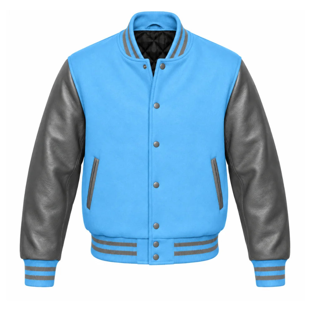 Sky Blue and Grey Varsity Jacket with Wool Body and Leather Sleeves