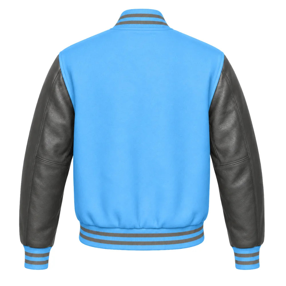 Sky Blue and Grey Varsity Jacket with Wool Body and Leather Sleeves Back Side