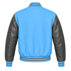 Sky Blue and Grey Varsity Jacket with Wool Body and Leather Sleeves Back Side