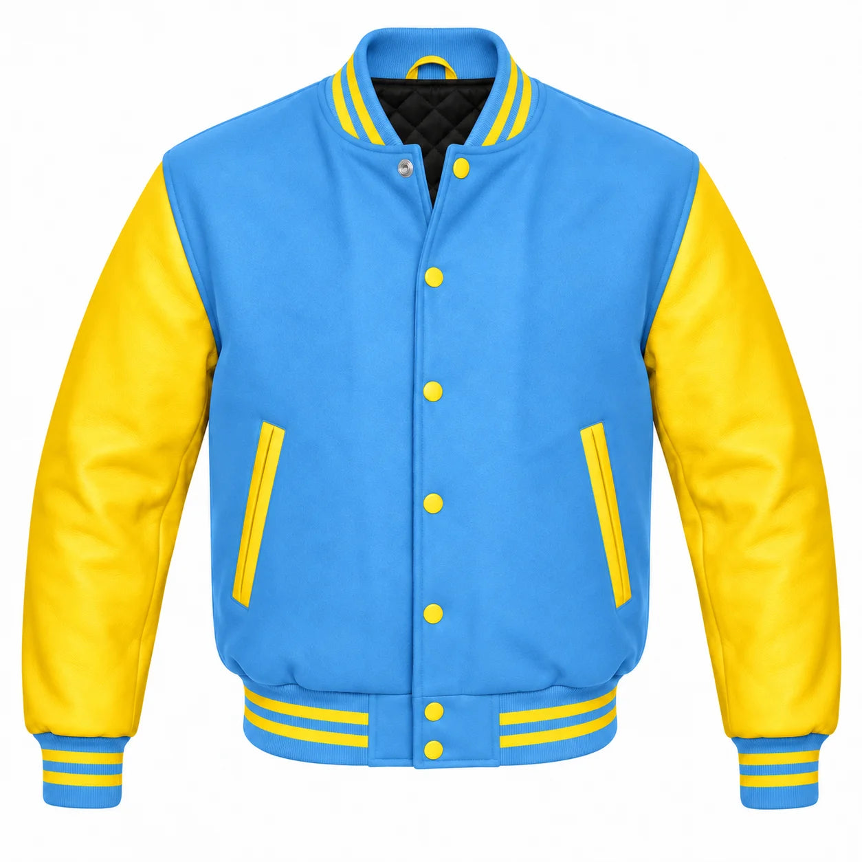 Sky Blue and Yellow Varsity Jacket with Wool Body and Leather Sleeves