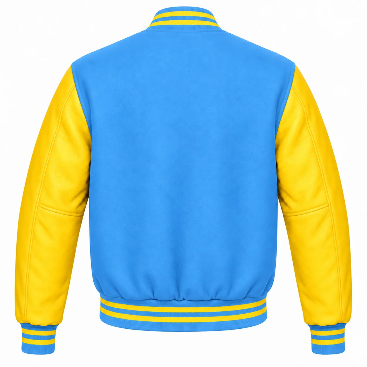 Sky Blue and Yellow Varsity Jacket with Wool Body and Leather Sleeves Back View