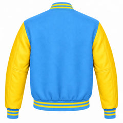 Sky Blue and Yellow Varsity Jacket with Wool Body and Leather Sleeves Back View