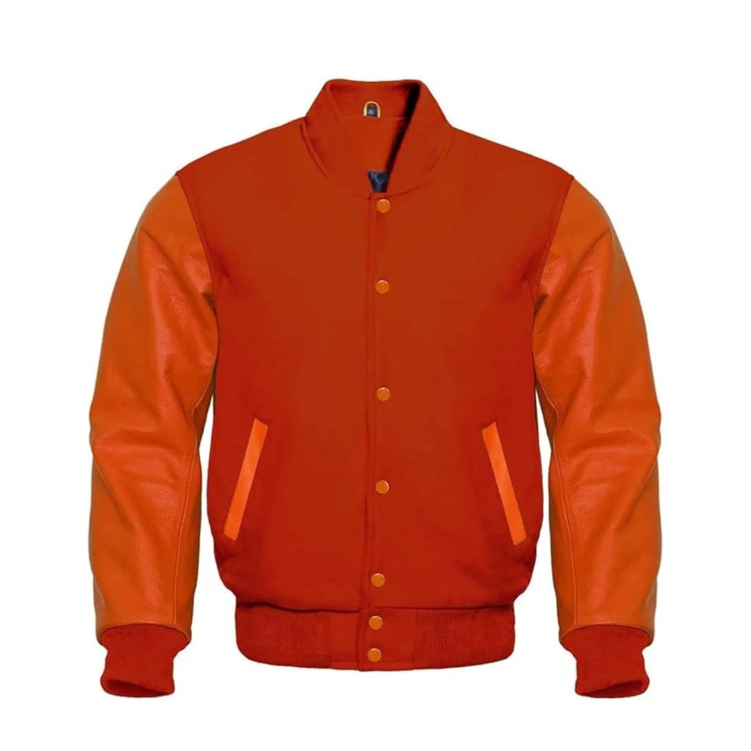 Solid Orange Wool and Leather Varsity Jacket