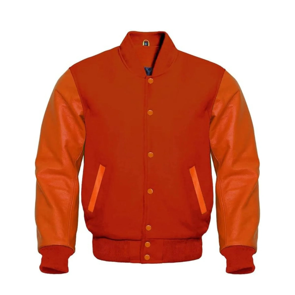 Solid Orange Wool and Leather Varsity Jacket