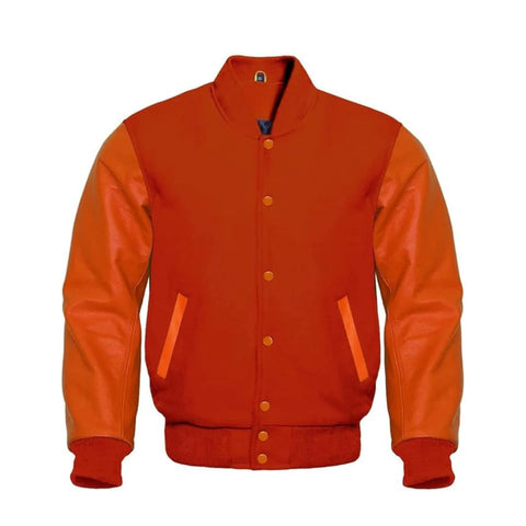 Solid Orange Wool and Leather Varsity Jacket