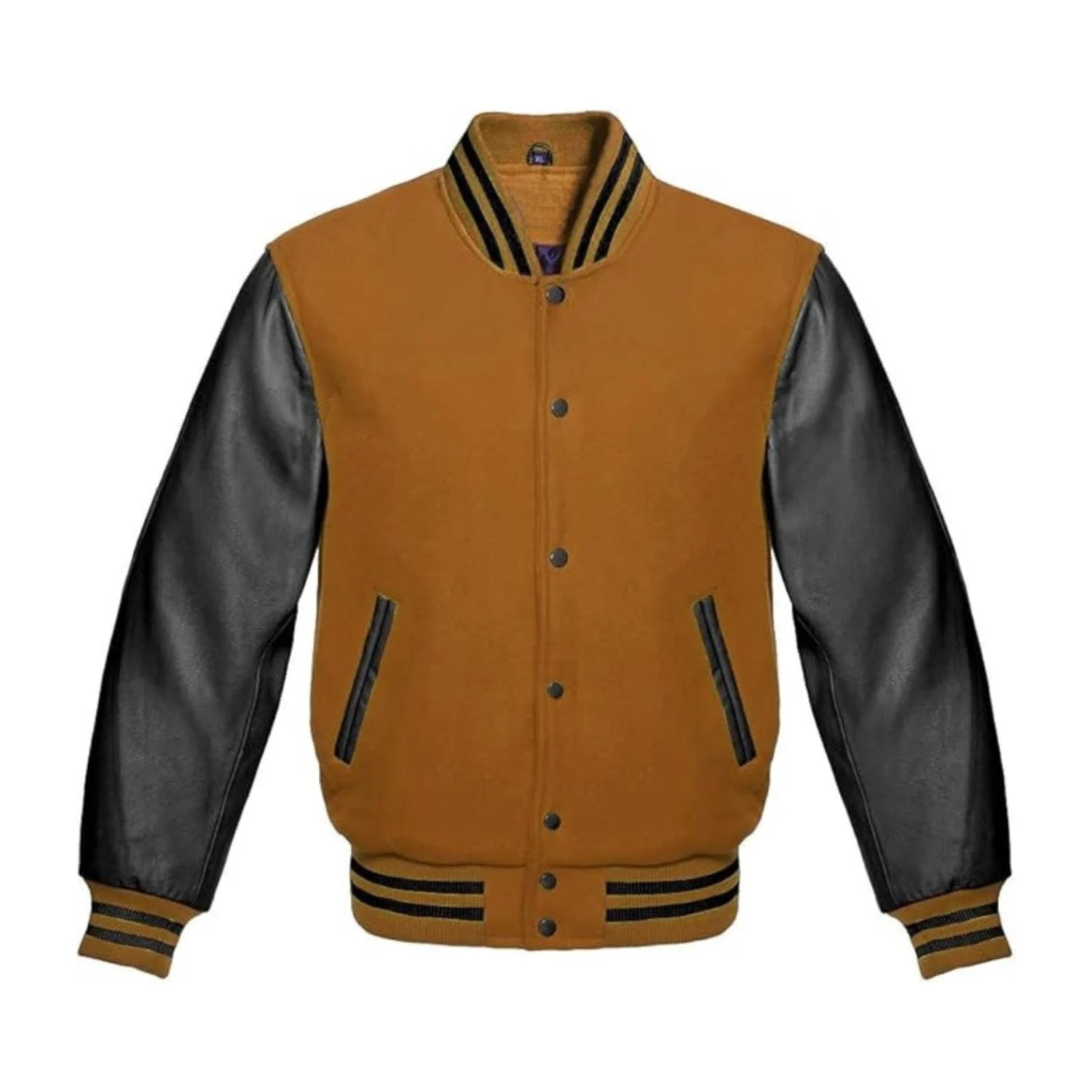 Tan Brown Wool and Black Leather Varsity Jacket