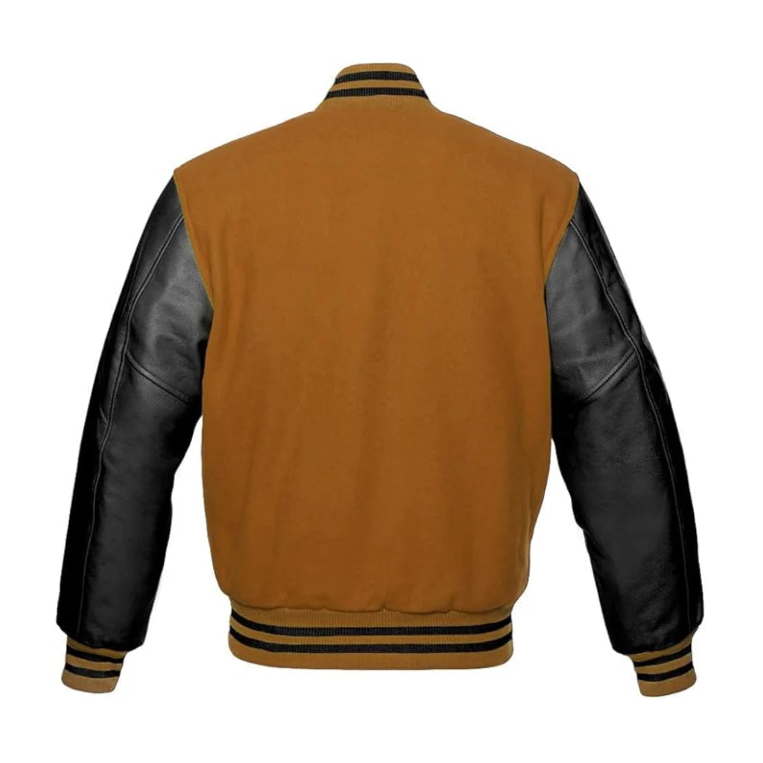 Tan Brown Wool and Black Leather Varsity Jacket Back Side