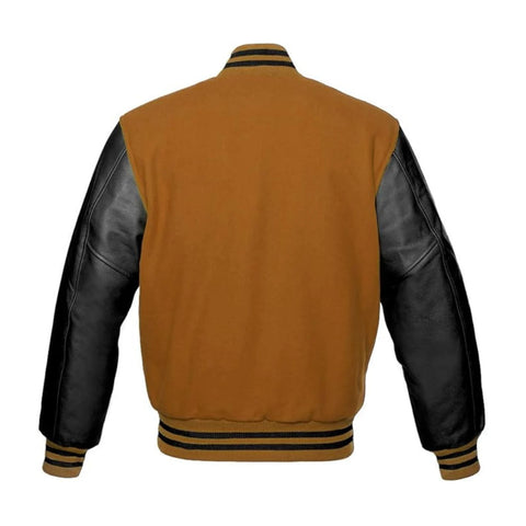 Tan Brown Wool and Black Leather Varsity Jacket Back Side