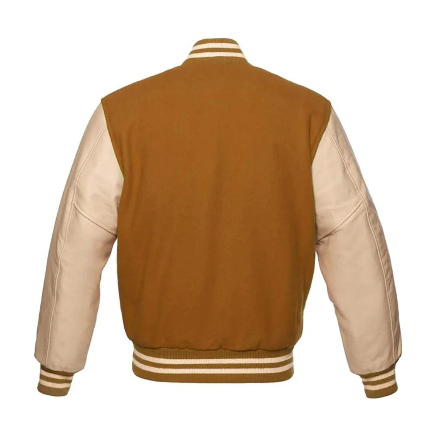 Tan Brown Wool and Cream Leather Varsity Jacket Back Side