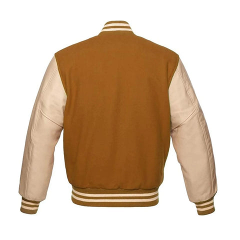 Tan Brown Wool and Cream Leather Varsity Jacket Back Side