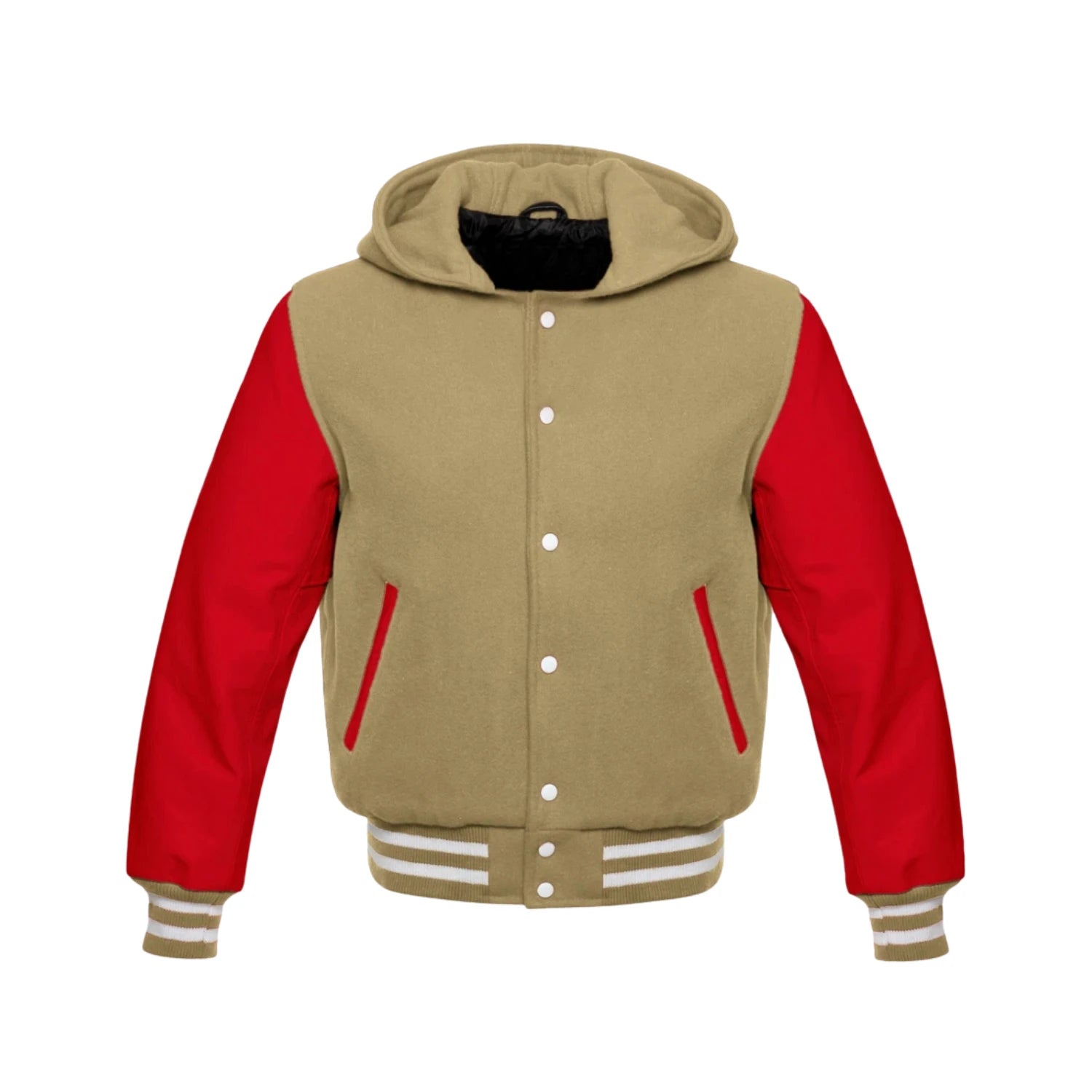 Tan Brown Wool and Red Leather Hooded Varsity Jacket