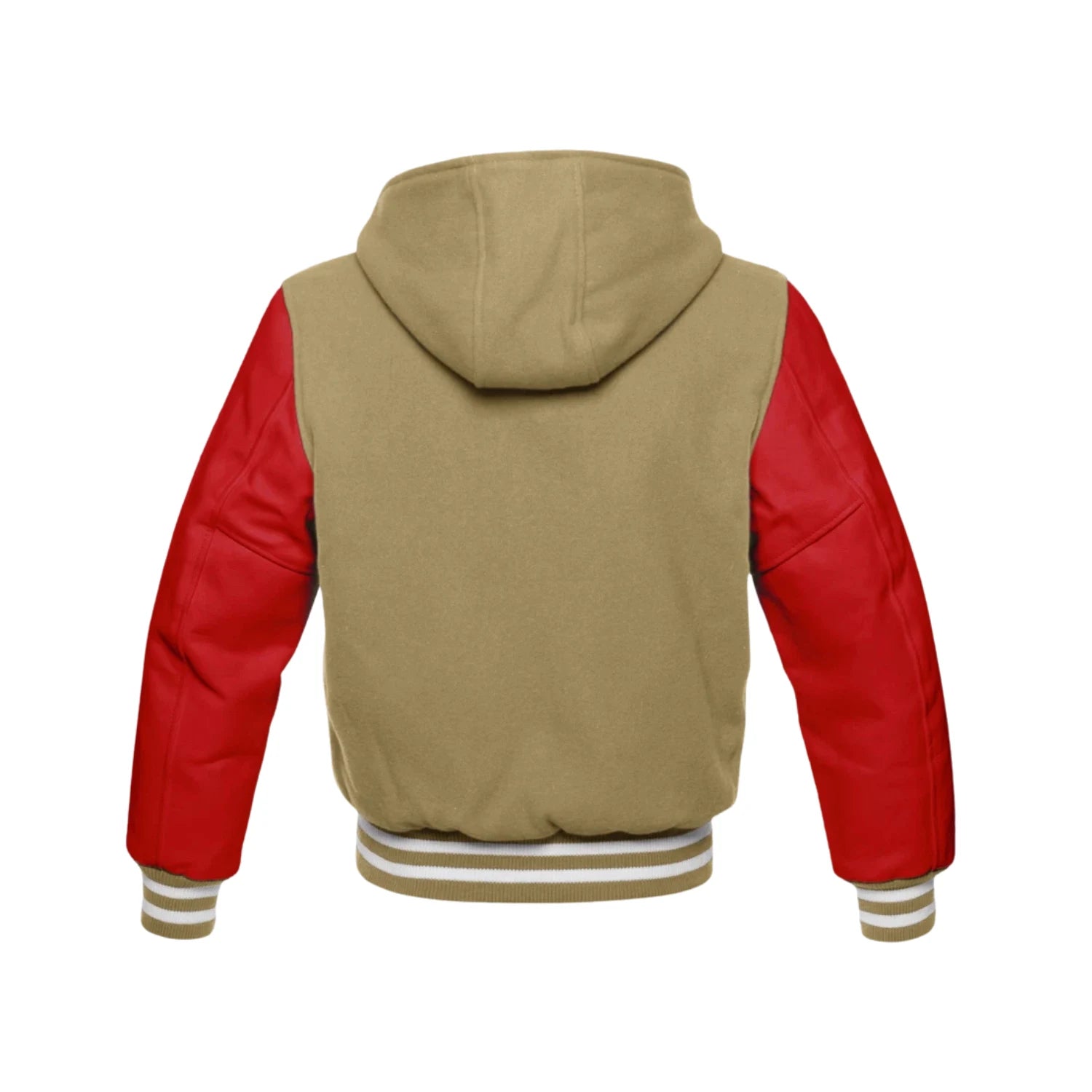 Tan Brown Wool and Red Leather Hooded Varsity Jacket Back Side