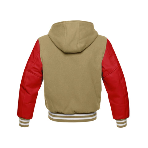 Tan Brown Wool and Red Leather Hooded Varsity Jacket Back Side