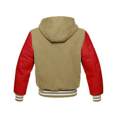 Tan Brown Wool and Red Leather Hooded Varsity Jacket Back Side