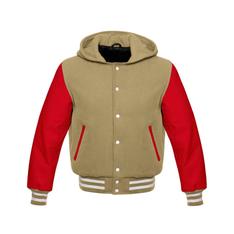 Tan Brown Wool and Red Leather Hooded Varsity Jacket