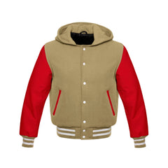 Tan Brown Wool and Red Leather Hooded Varsity Jacket