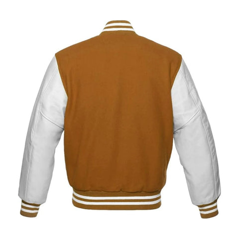 Tan Brown Wool and White Leather Varsity Jacket Back Side
