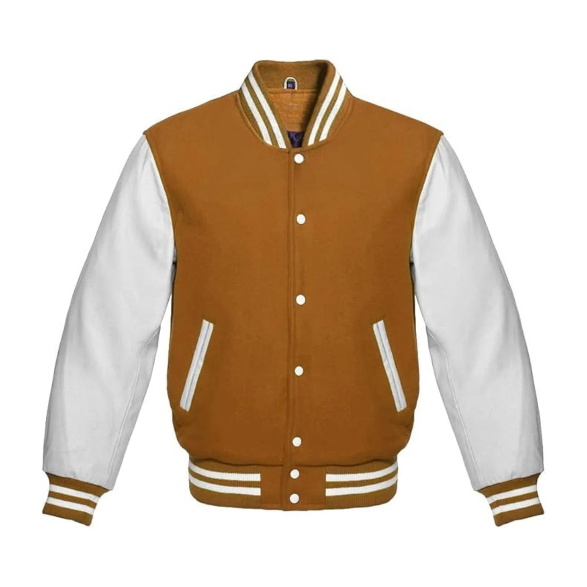 Tan Brown Wool and White Leather Varsity Jacket